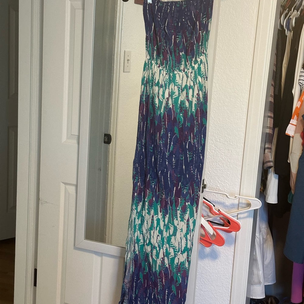 Tart Purple and Blue Patterned Strapless Maxi Dress